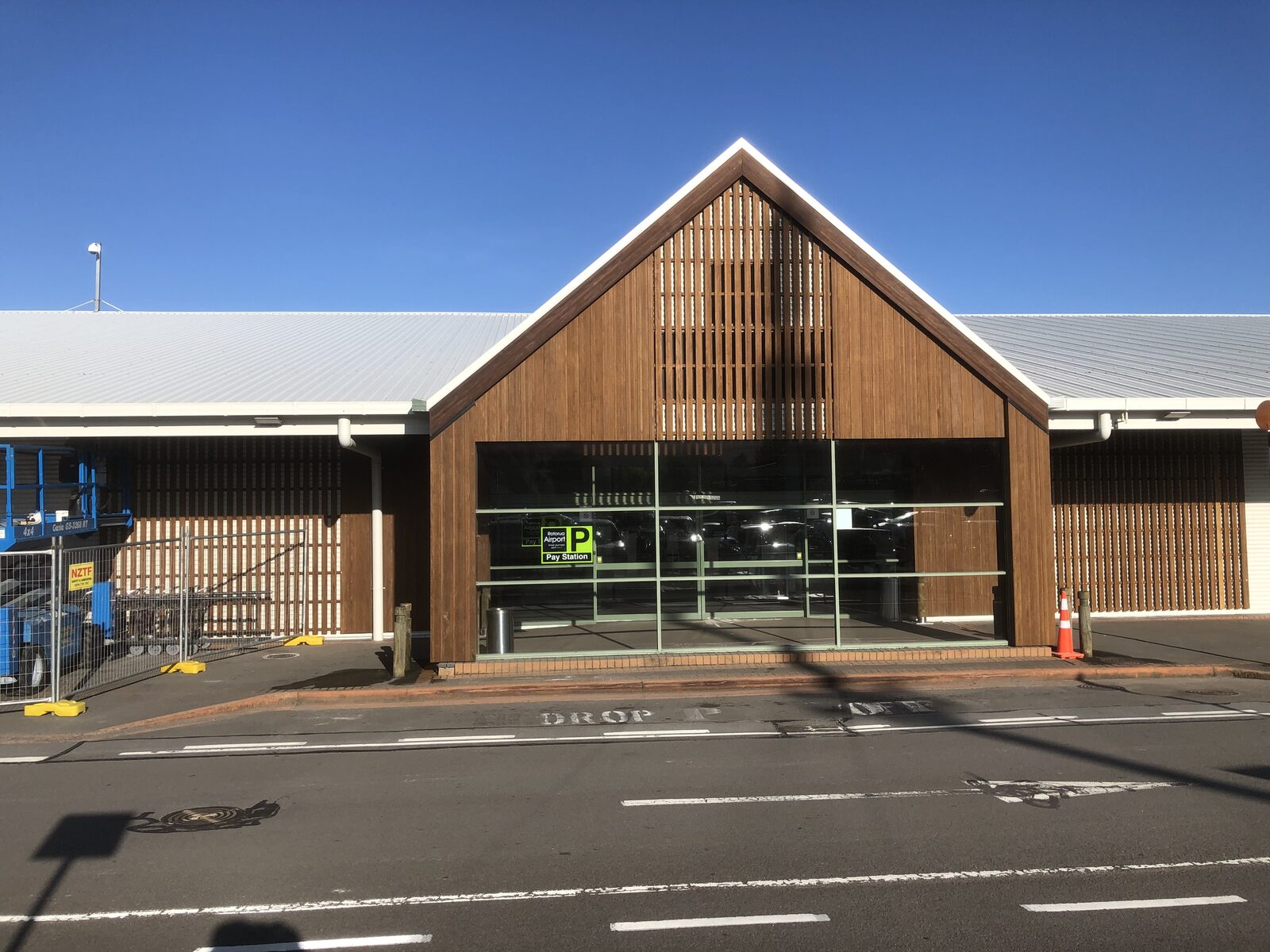 Rotorua Airport departure entrance — cedar cladding and timber battens by OnsiteJoiner